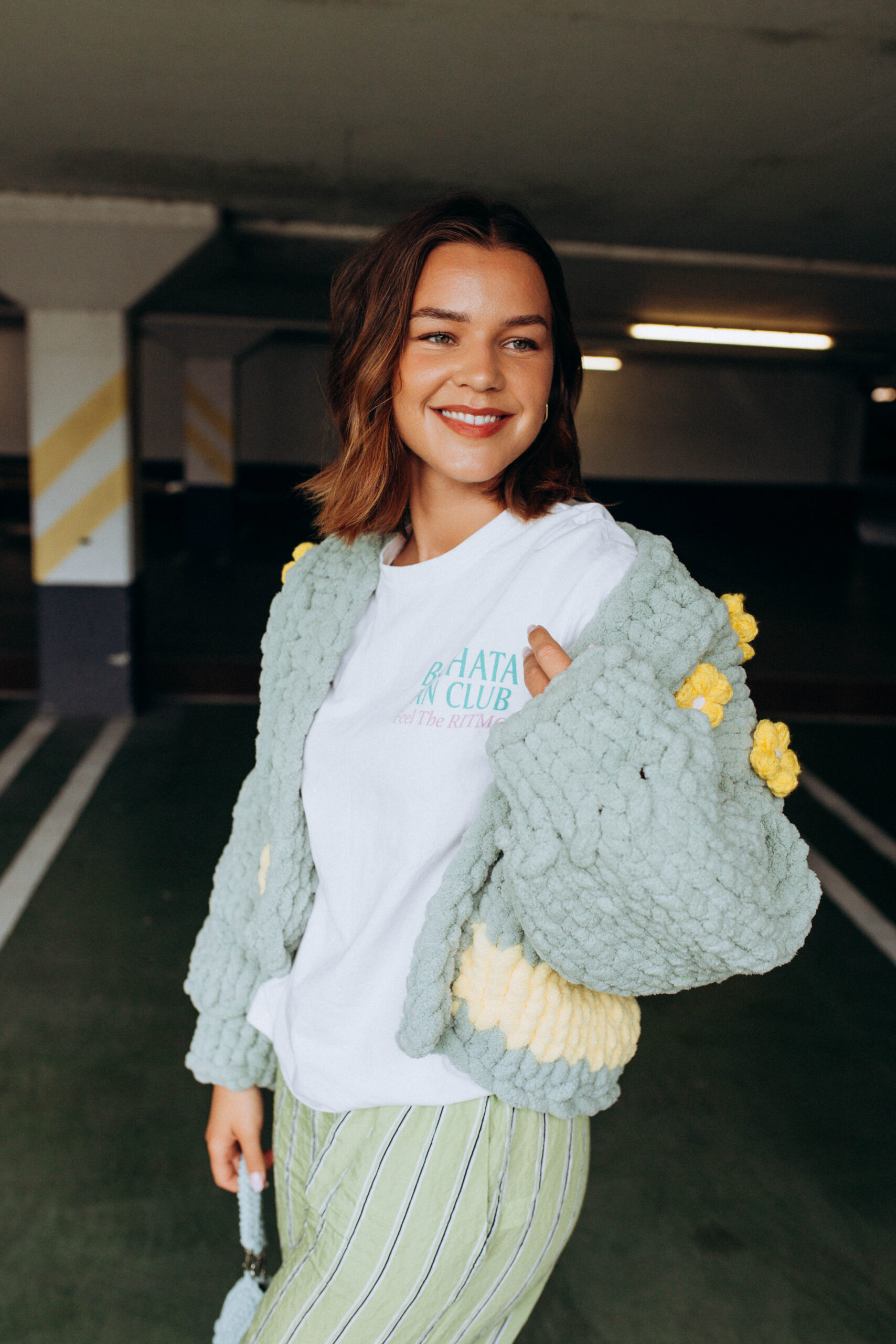 Olive Cardigan with yellow flowers