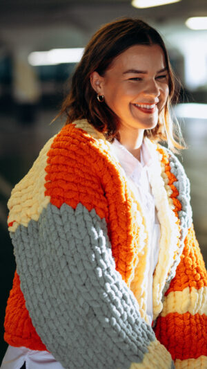 Oversized Hand-Knit Color Block Cardigan