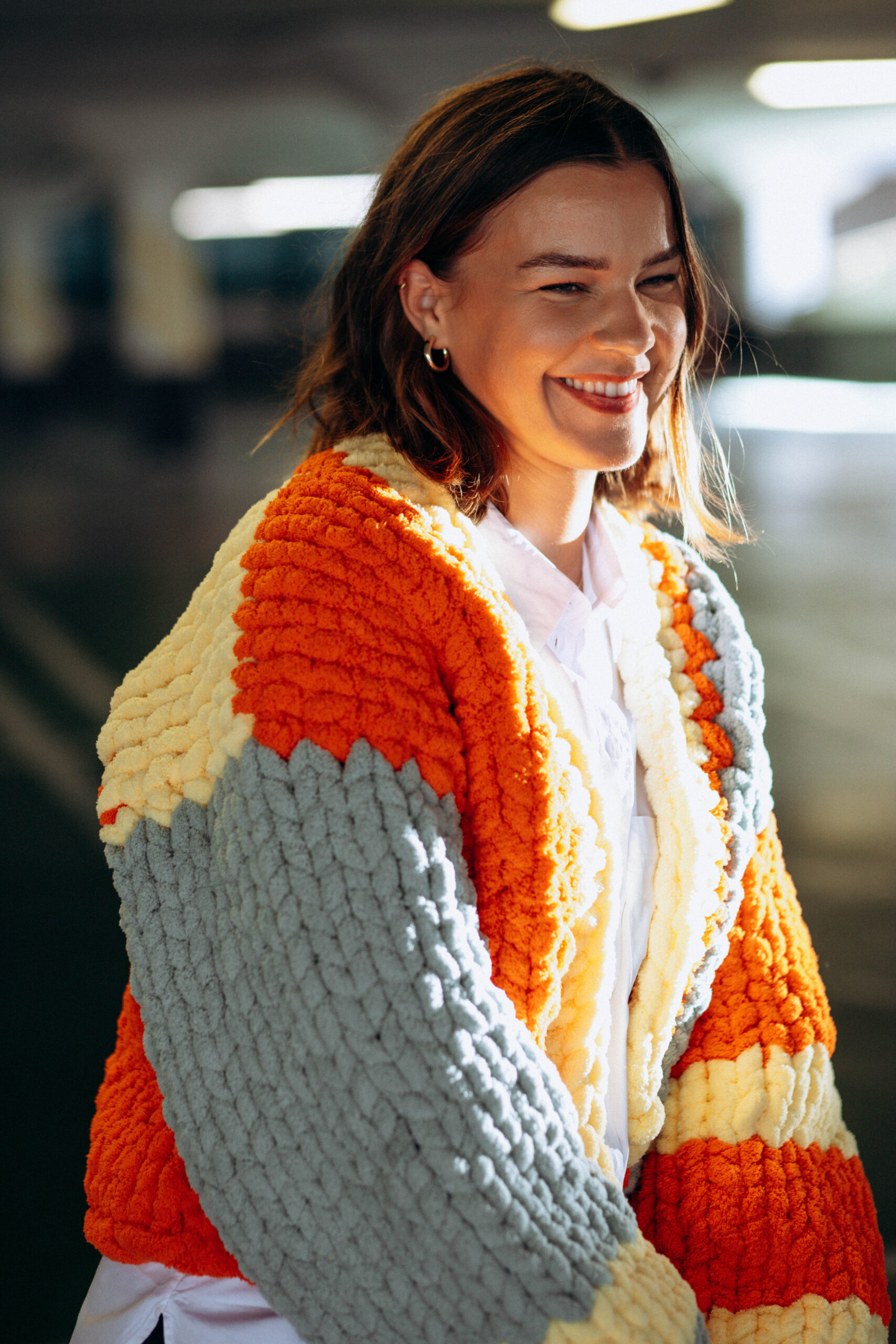 Oversized Hand-Knit Color Block Cardigan - Image 2
