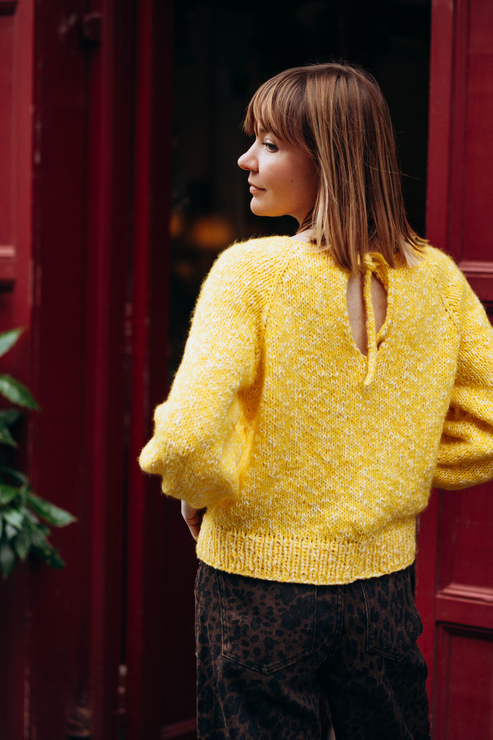 Hand-Knitted Sunny Yellow Sweater with Open Back Detail